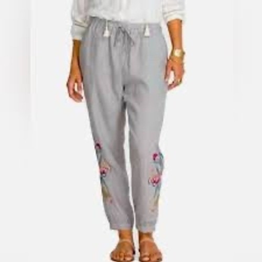 Johnny Was Los Angeles linen ankle pants floral embroidery‎ gray women's small